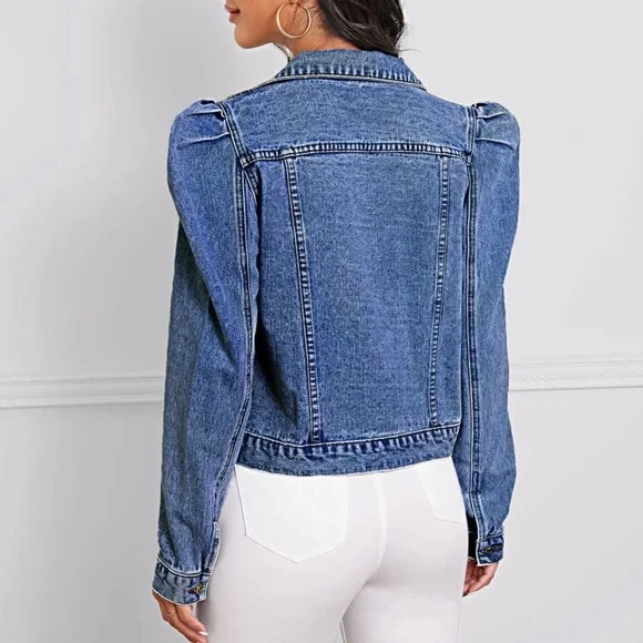 Medium Wash Distressed Puff Sleeve Button Denim Jean Jacket - Picture 3 of 5